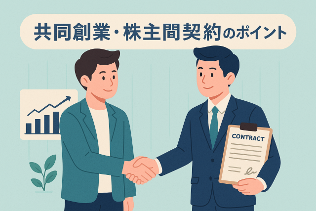 共同創業や株主間契約をイメージした横長アイキャッチ。ビジネスパートナーが握手を交わし、契約書と成長グラフを背景に信頼と協力を表現。