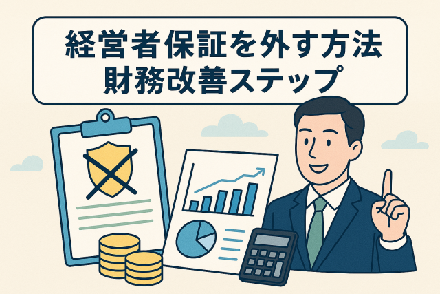 経営者保証を外すための方法と財務改善ステップを解説するイラスト。笑顔の経営者とグラフ・電卓・書類が並び、銀行交渉や資金管理をイメージした清潔感のあるデザイン。