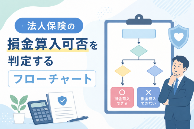 法人保険の損金算入可否をフローチャートで判定する流れを、税務判断・保険書類・電卓のイラストでわかりやすく表したアイキャッチ画像。