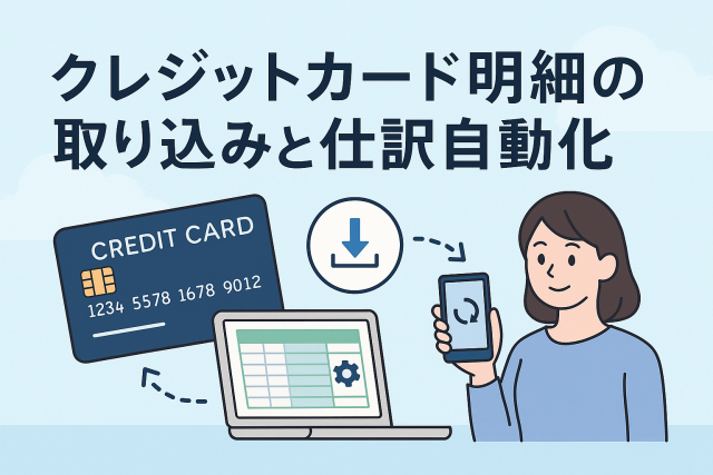 クレジットカード明細をパソコンとスマートフォンで取り込み、自動で仕訳処理を行う様子を描いたイラスト。クラウド会計による経理自動化をイメージした清潔感のあるデザイン。