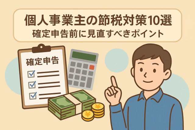個人事業主の節税対策に関する解説図。確定申告チェックリスト、電卓、現金とキャラクターが描かれているフラットイラスト