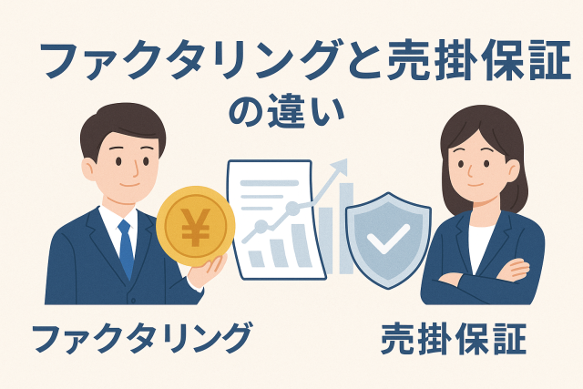 ファクタリングと売掛保証の違いをイメージしたイラスト。資金を受け取る男性と保証を示す盾を持つ女性を対比させ、資金繰りとリスク管理の違いをわかりやすく表現。