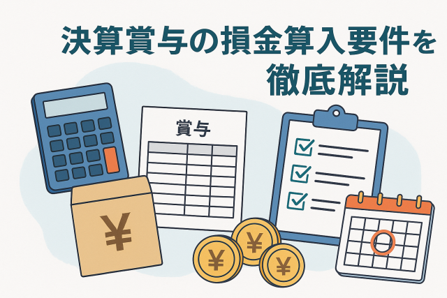 決算賞与の損金算入要件をイメージしたイラスト。電卓やカレンダー、チェックリスト、賞与袋、帳票などが描かれ、経理処理と節税のポイントを表現している。