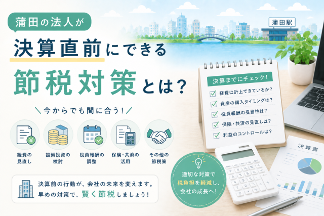蒲田の法人向けに、決算直前にできる節税対策を、チェックリストや電卓、決算書類のイメージでわかりやすく表現したアイキャッチ画像。
