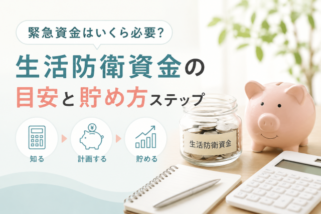 緊急資金や生活防衛資金の目安と貯め方を解説する記事のアイキャッチ画像。貯金箱、硬貨入りの瓶、電卓、ノートを使って家計管理と計画的な貯蓄を表現しています。