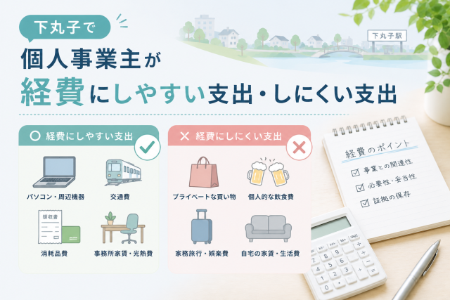 下丸子の個人事業主向けに、経費にしやすい支出としにくい支出の違いを、チェックリストや電卓、支出アイコンでわかりやすく表現したアイキャッチ画像。