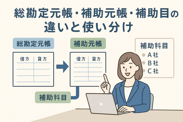 総勘定元帳・補助元帳・補助科目の関係を図解した日本語のアイキャッチ画像。女性がパソコンを操作しながら帳簿の構造を説明しており、清潔感のある淡いブルー基調のビジネスデザインで、会計や経理の管理方法を直感的に理解できる構図。