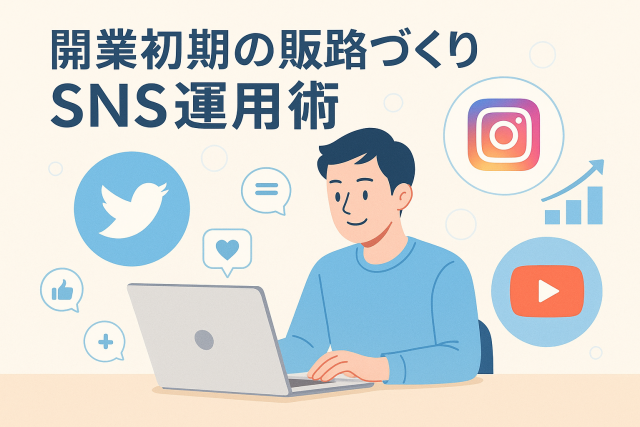 開業初期の販路づくりをテーマに、SNS運用をする男性を描いたアイキャッチ画像。X・Instagram・YouTubeのアイコンが並び、SNS活用による集客をイメージ。