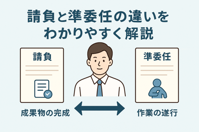 請負と準委任の違いを説明する日本語インフォグラフィック。中央にスーツ姿の人物が立ち、左に「請負＝成果物の完成」、右に「準委任＝作業の遂行」と書かれた書類が並ぶ。