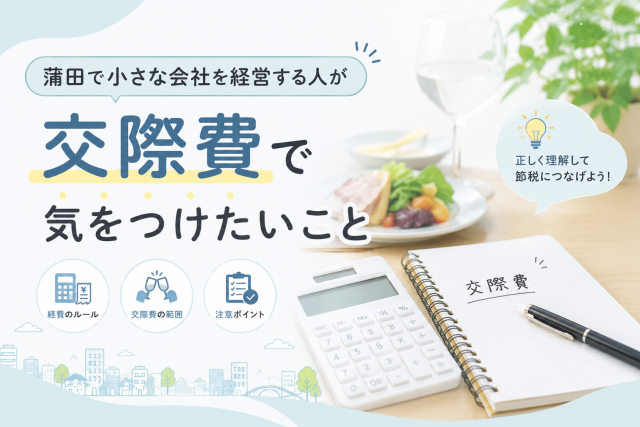 蒲田で小さな会社を経営する人に向けて、交際費の範囲や経費処理で気をつけたいポイントをわかりやすく伝えるアイキャッチ画像です。