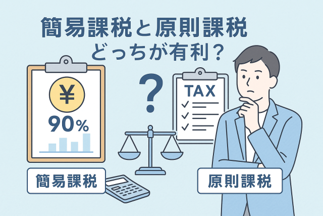 消費税の簡易課税と原則課税の違いを比較するイメージ。電卓や天秤、チェックリストと共に男性がどちらが有利か考えているイラスト。