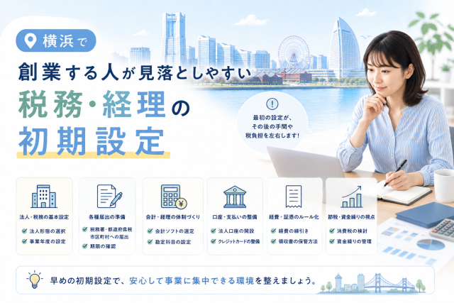 横浜で創業する人が、税務届出や会計ソフト、口座管理、経費ルールなど税務・経理の初期設定を確認している様子を表したアイキャッチ画像