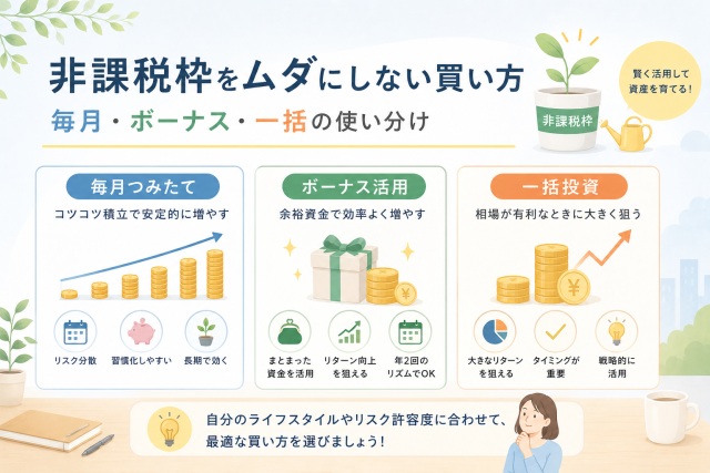 非課税枠をムダにしない買い方について、毎月つみたて・ボーナス活用・一括投資の使い分けを比較形式で表したアイキャッチ画像。