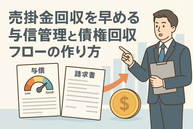 売掛金回収を早めるための与信管理と債権回収フローをイメージしたビジネスイラスト。請求書や与信スコア、担当者の説明シーンを描き、資金管理や入金改善の流れを表現。