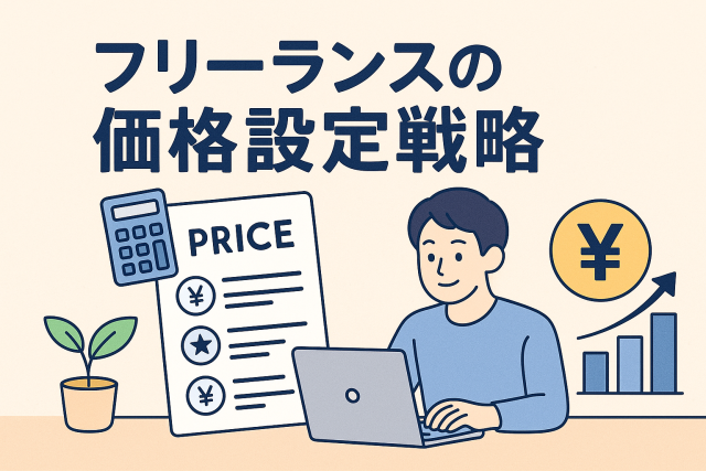 フリーランスの価格設定戦略をテーマにしたイラスト。ノートパソコンで作業する男性、電卓、価格表、円マークのグラフが描かれ、報酬や見積もりを考える様子を表現した清潔感あるデザイン。