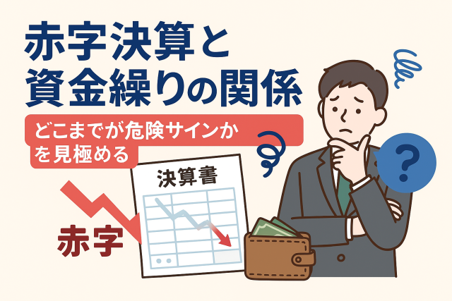 赤字決算と資金繰りの関係を示すイラスト。下落グラフの決算書、財布、悩むビジネスマンが描かれている。