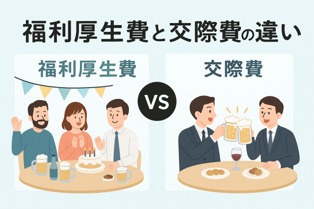 「福利厚生費と交際費の違い」というタイトルのイラスト。左側に社員同士の懇親会や誕生日会の様子（福利厚生費）、右側に取引先とのビジネス会食の様子（交際費）が描かれ、中央に「VS」の文字がある比較構図。