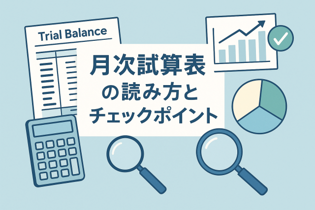 月次試算表の読み方とチェックポイントを解説する記事のアイキャッチ画像。電卓やグラフ、帳簿を背景にした淡いブルー基調のデザインで、経営者や経理担当者が数字を確認するイメージ。