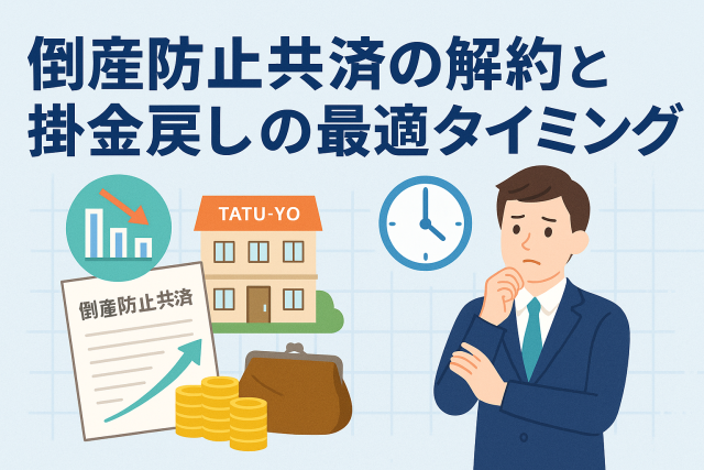 倒産防止共済の解約と掛金戻しの最適タイミングをテーマに、共済書類・返戻金・時計アイコン・悩むビジネスパーソンを配置した、分かりやすい横長アイキャッチ画像。