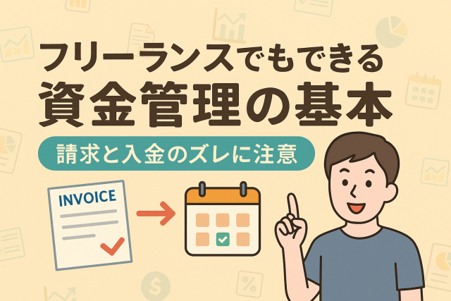 フリーランスの資金管理をテーマにしたアイキャッチ画像。請求書とカレンダー、人物イラストが描かれ、「フリーランスでもできる資金管理の基本｜請求と入金のズレに注意」の文字入り。