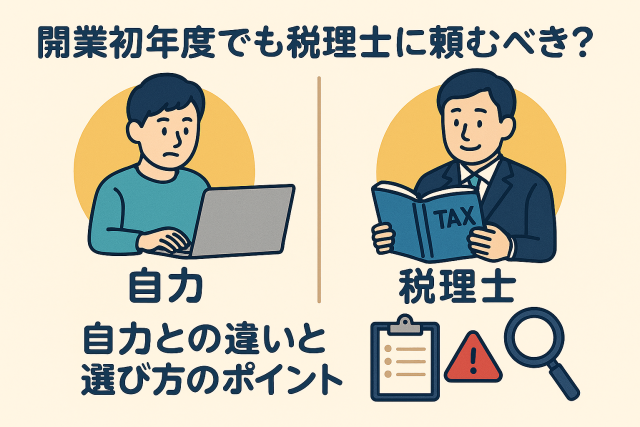 開業初年度の税務対応における税理士への依頼と自力対応の違いを表すイラスト。選び方のポイントを親しみやすく表現。