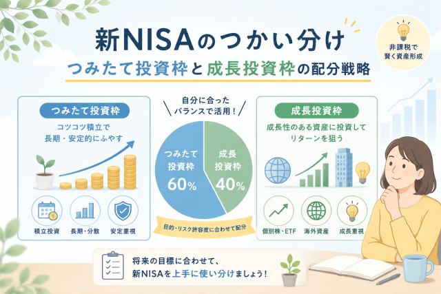 新NISAのつみたて投資枠と成長投資枠の使い分けについて、配分戦略や資産形成の考え方をグラフとアイコンで表したアイキャッチ画像。