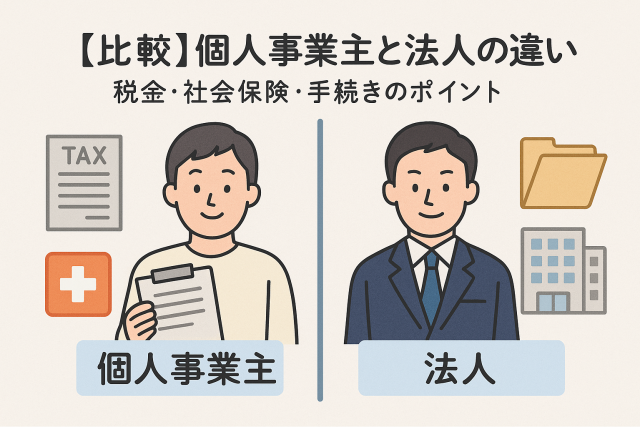 個人事業主と法人の違いを比較した日本語インフォグラフィック。税金・社会保険・手続きのポイントをわかりやすく解説。