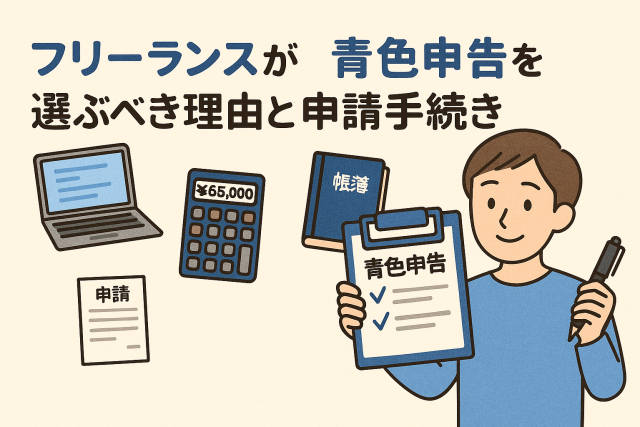 フリーランスが青色申告を選ぶ理由と申請手続きを解説する日本語見出し入りのイラスト。青色申告書や電卓、帳簿、申請書を持つ人物と関連アイコンが描かれている。