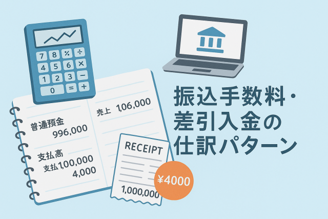 振込手数料・差引入金の仕訳パターンをテーマにしたアイキャッチ画像。電卓、ノートに記載された仕訳メモ、レシート、ノートパソコンの銀行アイコンを配置し、淡いブルー基調で経理業務を表現したビジネスイラスト。