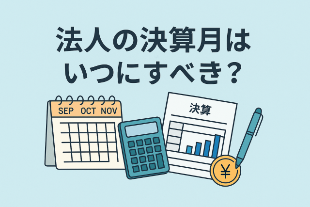 法人の決算月を検討するビジネスシーンのイラスト。カレンダーや電卓、決算書、ペン、円マークが配置され、決算時期の選択をイメージした清潔感あるデザイン。