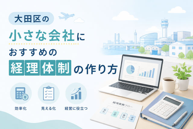 大田区の小さな会社向けに、経理業務の効率化や見える化、経営に役立つ経理体制づくりをイメージしたアイキャッチ画像。