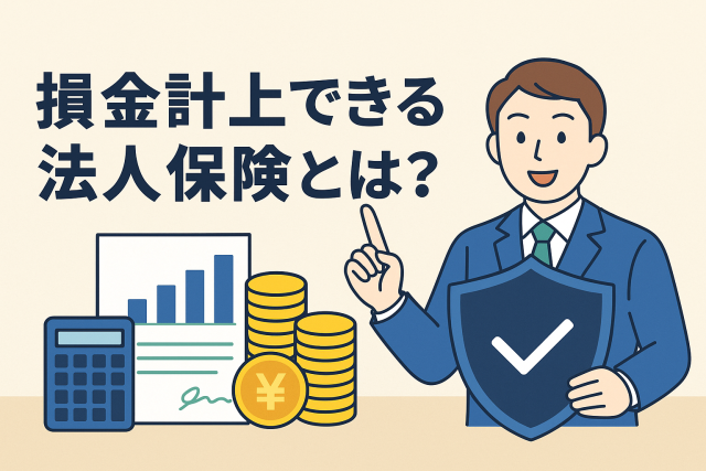 損金計上できる法人保険とは？という日本語見出しと、スーツ姿の男性、グラフ、計算機、コイン、盾アイコンが描かれたイラスト