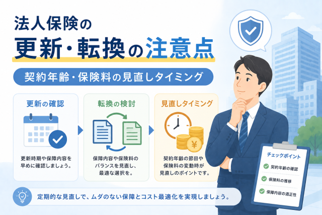 法人保険の更新・転換時に確認すべき契約年齢、保険料、保障内容の見直しタイミングをわかりやすく表したアイキャッチ画像。