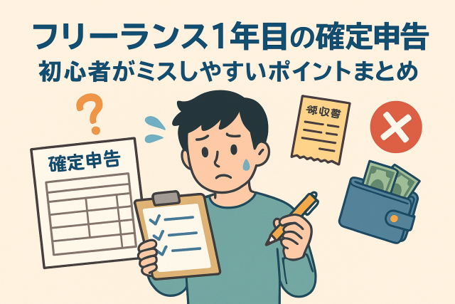 フリーランス1年目の確定申告で悩む男性とチェックリスト、領収書、財布のイラスト。ミスしやすいポイントを示す視覚的デザイン。
