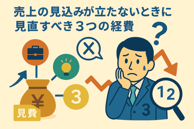 売上の見込みが立たない状況で見直すべき3つの経費を、親しみやすいイラストで表現した画像