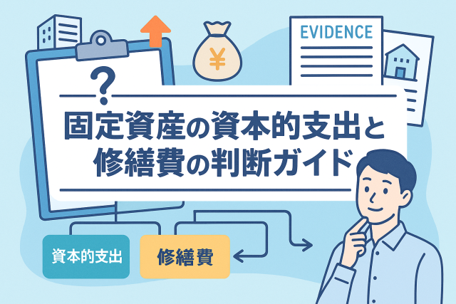 「固定資産の資本的支出と修繕費の判断ガイド」というタイトル入りのイラスト。男性が考える姿と、建物やお金のアイコン、チェックリストが描かれ、資本的支出と修繕費の判断フローをイメージした清潔感のあるデザイン。淡いブルーとイエローを基調とした親しみやすい構図です。