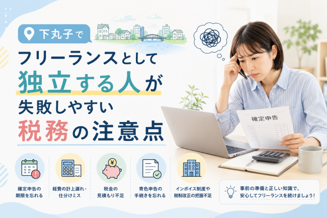 下丸子でフリーランスとして独立する人が、確定申告の期限や経費管理、青色申告など税務の注意点を確認している様子を表したアイキャッチ画像