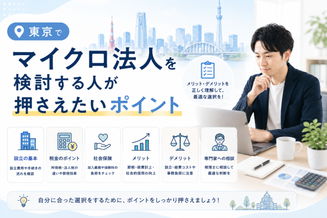 東京でマイクロ法人を検討している人が、設立手続きや税金、社会保険、メリット・デメリットを確認している様子を表したアイキャッチ画像