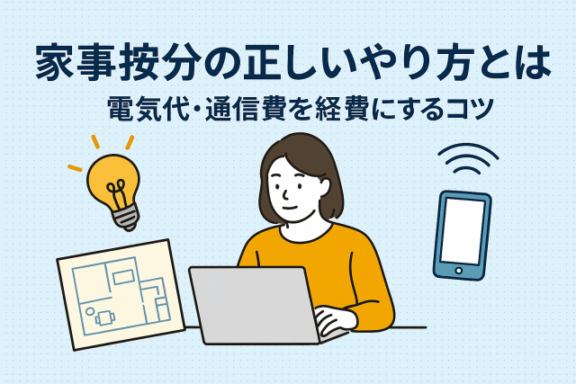 家事按分のやり方をテーマにしたイラスト。自宅で働く女性と電気代・通信費のイメージが描かれている。