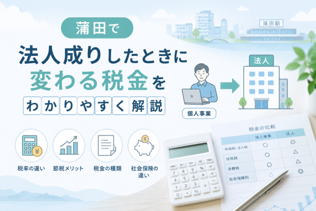 蒲田で法人成りしたときに変わる税金について、個人事業から法人への移行や税金の比較をわかりやすく表現したアイキャッチ画像。