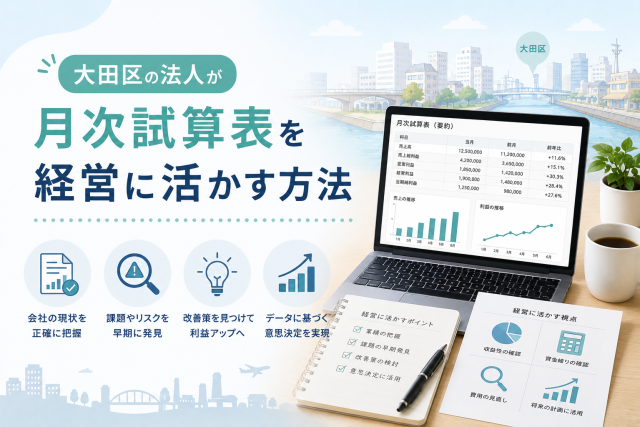 大田区の法人が月次試算表を確認し、売上や利益、資金繰りの状況を経営判断に活かす様子を表したアイキャッチ画像。