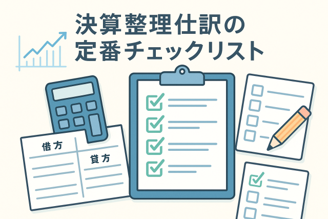 「決算整理仕訳の定番チェックリスト」という日本語タイトル入りのイラストで、電卓・仕訳帳（借方・貸方）・チェックリスト・グラフが描かれています。決算仕訳の確認や会計処理のチェックをイメージした、淡いブルー基調の清潔感あるデザインです。