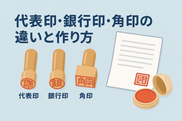代表印・銀行印・角印の違いを解説するビジネス向けイラスト。3種類の印鑑と印鑑ケース、書類が並び、淡いブルー背景で清潔感を演出した構図。