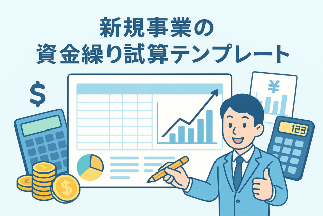 新規事業の資金繰り試算テンプレートをテーマにしたビジネスイラスト。グラフや電卓、コイン、スーツ姿の男性が描かれ、資金計画やキャッシュフロー分析をイメージした清潔感のある構図。