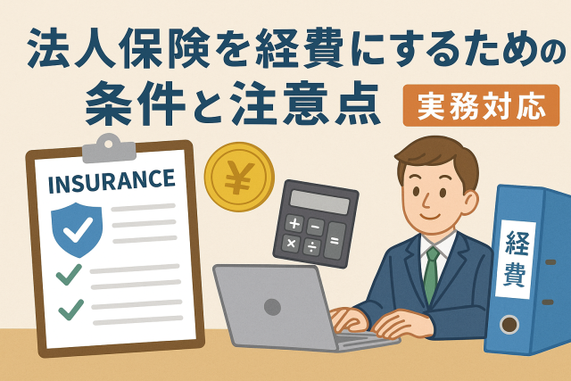 法人保険を経費にする条件と注意点を解説する日本語見出し入りイラスト。スーツ姿の男性、保険書類、電卓、経費ファイル、円マークのコインが描かれている。
