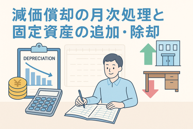 減価償却の月次処理と固定資産の追加・除却をテーマにした日本語アイキャッチ画像。経理担当者が帳簿に記入している様子、電卓やグラフ、建物やデスクのイラストを描き、資産の増減や会計処理の流れをわかりやすく表現したビジネスデザイン。