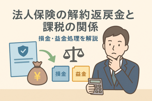法人保険の解約返戻金と課税の関係を説明するイラスト。電卓を持つ男性、保険証書、損金・益金フォルダ、天秤が描かれている。