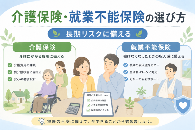 介護保険と就業不能保険の違いや選び方を、介護費用への備えと働けないときの収入減少対策に分けてわかりやすく表したアイキャッチ画像。