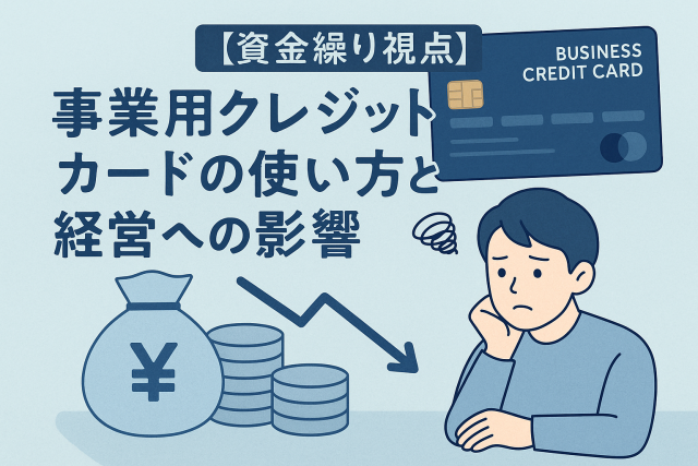 事業用クレジットカードの使い方と経営への影響をテーマにしたアイキャッチ画像。クレジットカード、円マークのコイン、資金繰りの矢印、考える男性のイラストが描かれ、資金管理と経営判断を表現している。