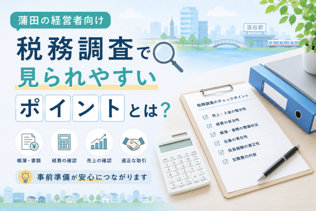 蒲田の経営者向けに、税務調査で見られやすい帳簿・経費・売上・取引内容などの確認ポイントを、チェックリストや電卓でわかりやすく表現したアイキャッチ画像。